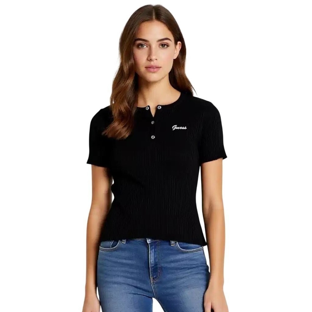 Guess Womens Ribbed Script Logo Short Sleeve Top Black XL NWT